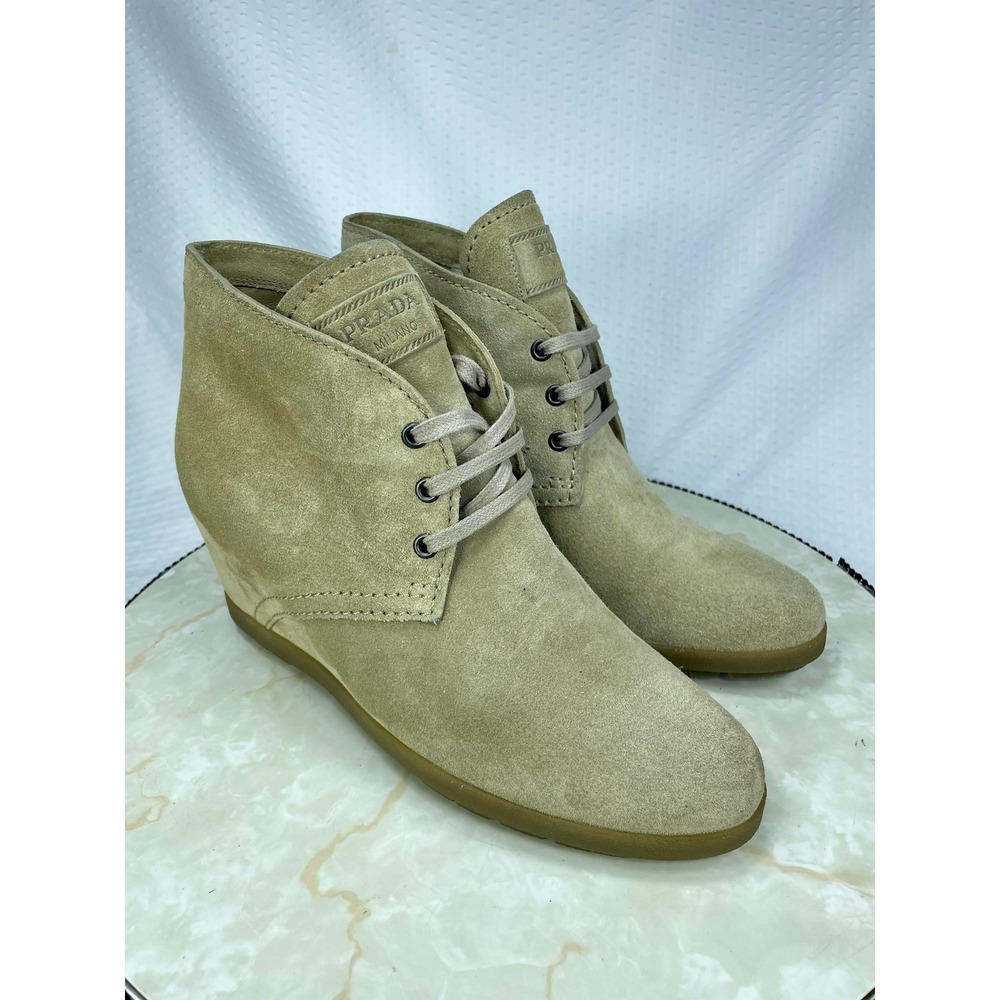 Prada Linea Rossa Suede Lace Up Wedge Booties Womens 9.5 Tan Luxury Chukka Boots
